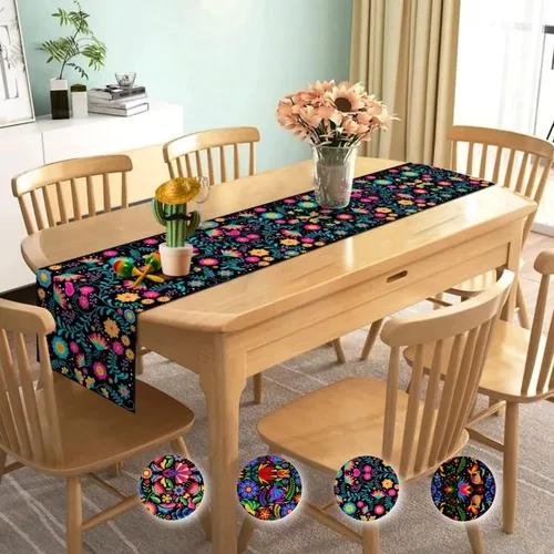 Vista 2 de Caminos de mesa mexicanos para fiesta, altar del día de los muertos, decoraciones del día de los muertos, fiesta de flores 70.9 x 13 pulgadas