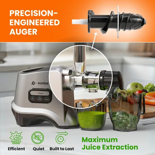 Vista 8 de Eurolux Exprimidor de masticación lenta, máquina de prensa en frío para extracción de jugo de alto rendimiento, exprimidor silencioso y potente