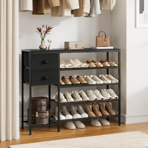 Vista 6 de Zapatero de 5 niveles con 2 cajones de tela, organizador de zapatos con estructura metálica y tablero de madera para 16-20 pares de zapatos, estante