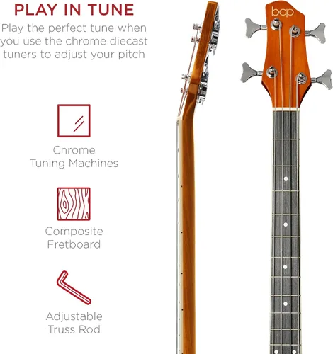 Vista 5 de Best Choice Products Guitarra Bajo Eléctrica Acústica, Tamaño Completo de 4 Cuerdas, Guitarra Bajo con Trastes con Funda de Transporte Acolchada
