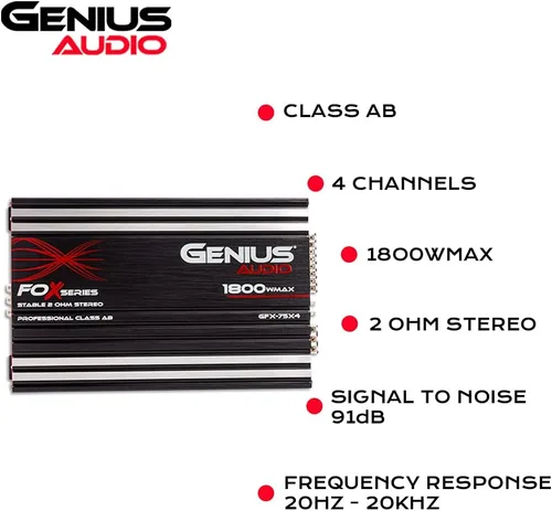 Vista 2 de Genius Audio GFX-75X4 Amplificador de coche de rango completo multicanal 1800 vatios Clase máxima AB 2 ohmios estable con sistema de protección