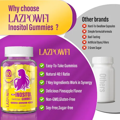 Vista 6 de Myo-inositol y D-Chiro Inositol, Gomitas de inositol con vitamina D3, glicinato de magnesio, omega-3, folato y zinc, suplemento de inositol ciclo