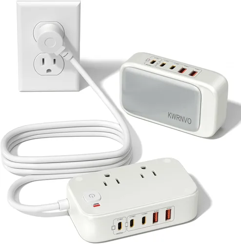 Vista 8 de Estación de carga USB de 5 pies con tomas, tira de alimentación de viaje USB C plana PD 20 W cargador con salidas de CA de 2500 W, 3 puertos USB-C