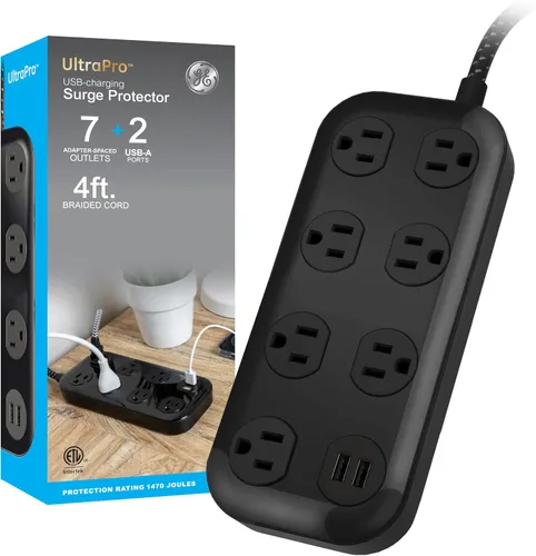 Vista 8 de GE SurGE - Tira de alimentación protectora, cable de extensión trenzado de 6 pies, extensor de 6 salidas (amplio espaciado), 490 julios, enchufe