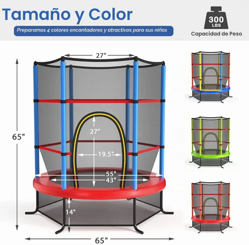 Vista 6 de Giantex - Trampolín infantil de 55”, con red de seguridad y almohadilla de resorte, marco de acero resistente con cremallera integrada Azul /Rojo