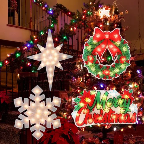 Vista 5 de 4 piezas de decoración de silueta de ventana de Navidad iluminada, estrella de Belén, feliz Navidad, copo de nieve, corona para ventana, decoración