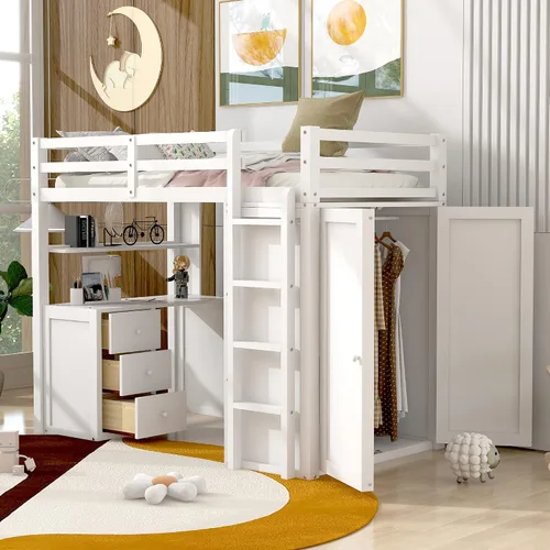 Vista 23 de Cama loft de madera tamaño matrimonial con escritorio en forma de U y espejo de tres pliegues, base de cama tipo loft multifunción con Espresso-10.16
