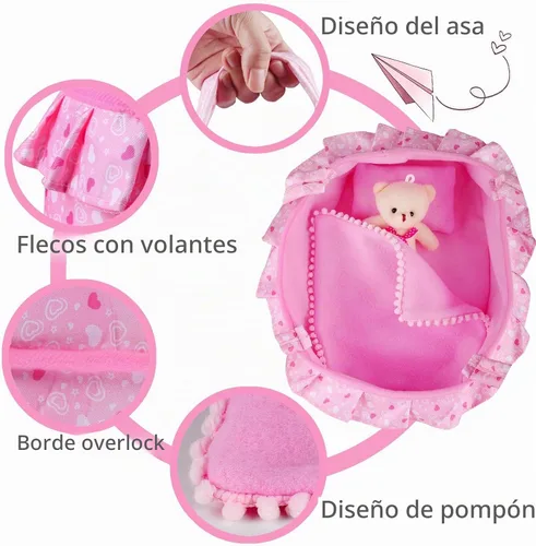 Vista 5 de Cuna de cuna portátil para muñeca de bebé, bolsa de transporte para muñecas, juego de accesorios para muñecas, oso acolchado suave para muñeca