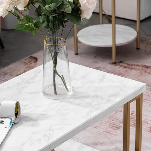 Vista 5 de Mesa de centro con estampado de mármol blanco con patas de metal dorado, mesa central de 2 niveles para sala de estar, mesa rectangular simple