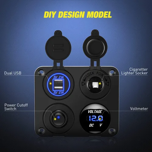 Vista 2 de Nilight Panel de enchufe de cargador de encendido y apagado 4 en 1, cargador USB dual, toma de corriente, voltímetro LED, encendedor de cigarrillos