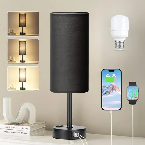 Vista 39 de Fenmzee Juego de lámparas de mesa pequeñas táctiles regulables de 2 a 3 vías, carga USB A + C, salida de CA, base de grano de madera, bombillas