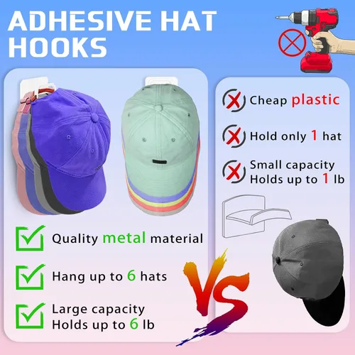 Vista 3 de Perchero para organizador de sombreros de pared (paquete de 6), estantes de metal para gorras de béisbol, ganchos adhesivos para sombreros