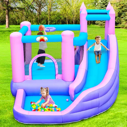 Vista 7 de WELLFUNTIME Casa inflable de rebote con tobogán, castillo de salto para niños con soplador, pozo de bolas, pared de escalada, diana, aro
