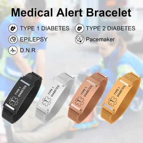 Vista 4 de Pulsera de alerta médica para mujeres y hombres, pulsera ajustable con identificación de alerta médica para epilepsia diabética D.N.R marcapasos