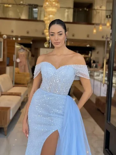 Vista 2 de Vestido de fiesta de sirena brillante con lentejuelas, largo con abertura, hombros descubiertos, vestido formal de fiesta con cola para mujer