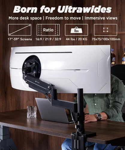 Vista 2 de ULTRARM Brazo de monitor de servicio pesado para monitores ultraanchos de hasta 57" y 44 libras, soporte de escritorio individual, altura ajustable