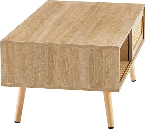 Vista 6 de IANIYA Mesa de centro moderna con almacenamiento, mesa rectangular de 41.3 pulgadas con centro de madera con puerta corrediza tejida de ratán PE