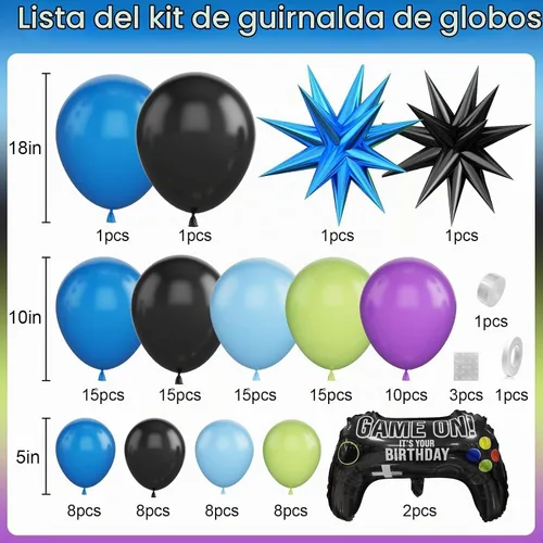 Vista 2 de Kit de guirnalda de arco de globos de videojuegos, globos de fiesta azul, morado, verde, negro, con 2 globos de aluminio con mango de juego