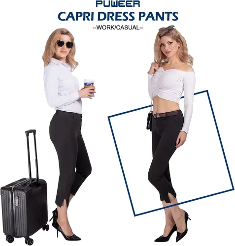 Vista 5 de PUWEER Pantalones capri para mujer, elegantes, casuales, elásticos, rectos con bolsillos