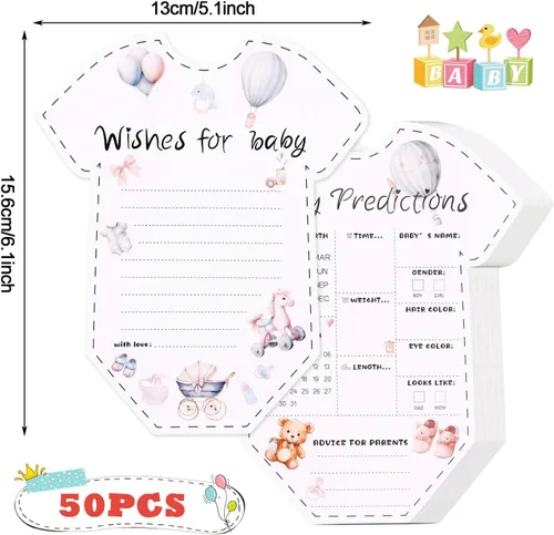 Vista 2 de CCINEE 50 tarjetas de predicción para baby shower, juegos de revelación de género, tarjetas de deseos y consejos para niños y niñas, padres recién