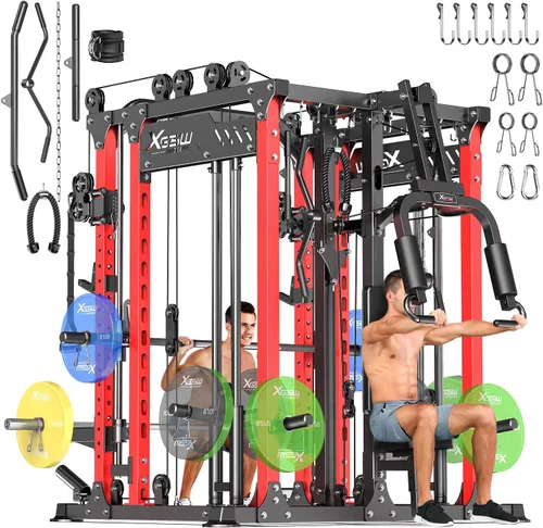 Vista 29 de Rack Multiusos para Sentadillas, Conjunto de Rack de Pesas Smith Machine con Sistema de Crossover de Cables, Racks de Potencia para Gimnasio