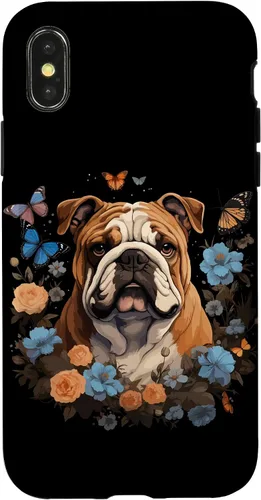 Vista 5 de Funda para iPhone 16 Bulldog Inglés con Flores y Mariposas