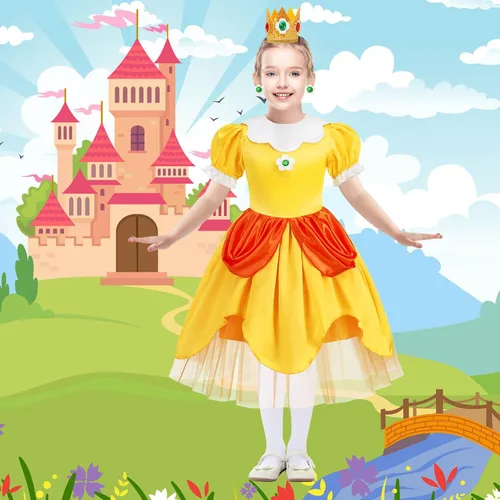 Vista 2 de Oskiner Princess Daisy Costume for Girls,Princess Daisy Dress for Kids Cosplay Halloween Dress Up Outfit