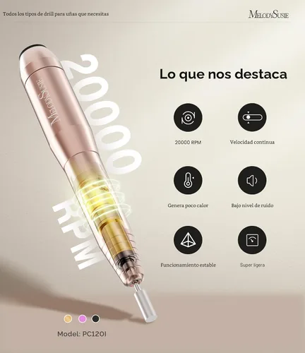 Vista 4 de MelodySusie - Kit de torno eléctrico PC120I negro con lima portátil para uñas de gel y acrílico, incluye fresas, bandas de limado, dorado