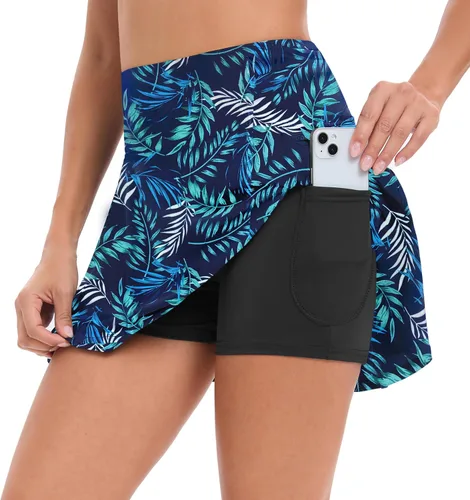 Vista 2 de Oyamiki Trajes de baño de cintura alta para mujer, con control de abdomen, falda pantalón con bolsillo con cremallera y falda de natación