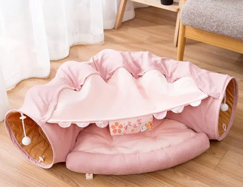 Vista 2 de Tubo de cama de túnel para gatos 2 en 1 con cojín y bola de felpa, parque infantil plegable para gatos grandes, gatitos, cachorros, perros pequeños
