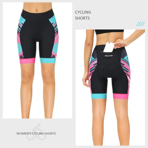 Vista 2 de DEALYORK Pantalones cortos de ciclismo para mujer, acolchados en 3D con bolsillo, pantalones de ciclismo de montaña, ergonómicos de cintura alta