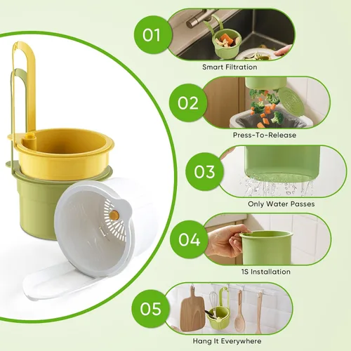Vista 2 de Colador colgante de residuos de alimentos para fregadero, cesta coladora de fregadero con descarga de prensa, diseño autolimpiante, colador de Verde