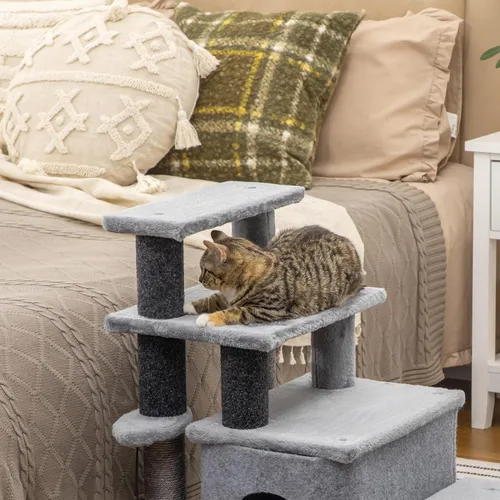 Vista 9 de PawHut Escaleras para mascotas con poste rascador de sisal para gatos Escalones para gatos de altura ajustable de 3/4, condominio, pelota de juguete