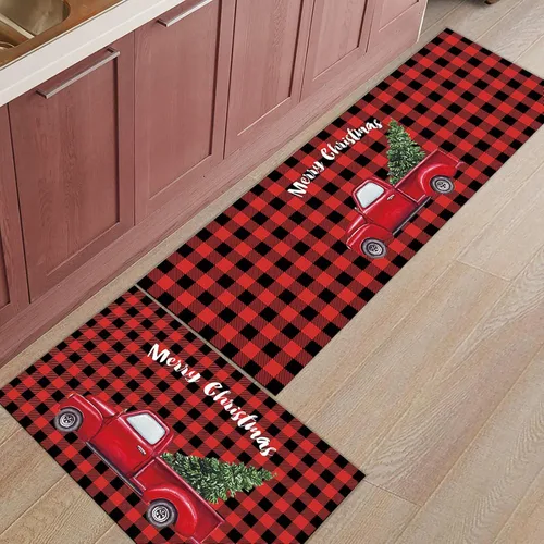 Vista 5 de Juego de alfombras y tapetes de cocina de Navidad, tapete de búfalo rojo a cuadros, antideslizante, tapete lavable para interiores