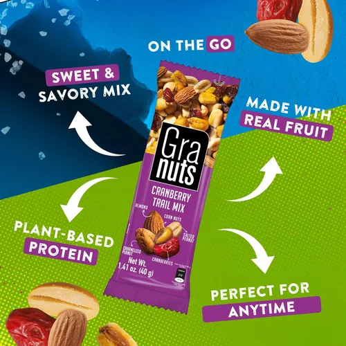 Vista 6 de Granuts Cranberry Trail Mix Cacahuetes caramelizados Nueces de maíz crujientes + almendras Arándanos suaves Sabores salados + dulces Snack