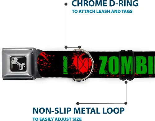 Vista 5 de I Heart Love Zombies con salpicadura de sangre Verde sobre Negro Cinturón de Seguridad Animal Pet Collar, Multicolor