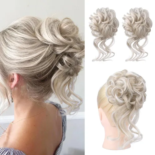 Vista 15 de HOOJIH 2 piezas de extensiones de cabello estilo moño despeinado, extensiones de cabello rizado y ondulado con tiras, cola de caballo, horquillas