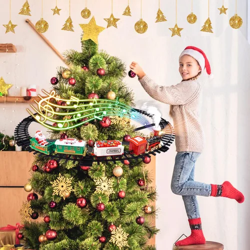 Vista 2 de Juego de tren de Navidad 2 en 1 para colgar alrededor del árbol, juguetes para niños pequeños con pista de lujo, sonido y humo, juego de juguetes
