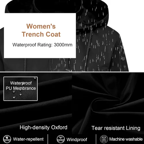 Vista 4 de CREATMO US Gabardina larga cortavientos para mujer, talla grande, resistente al agua, con capucha reflectante extraíble
