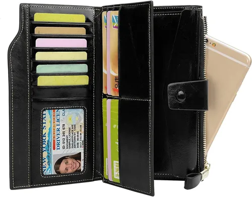 Vista 18 de Cartera plegable de cuero de gran capacidad con bloqueo RFID para mujer