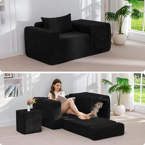 Vista 11 de MAXYOYO Sofá plegable, sofá convertible con reposabrazos, sofá multifuncional con almohada y bolsillos, sofá deshuesado para sala de estar