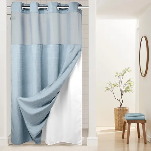Vista 39 de Cortina de baño River Dream de gran peso sin ganchos necesarios con diseño de gofre punteado y forro a presión - 36W x 74H, de calidad hotelera