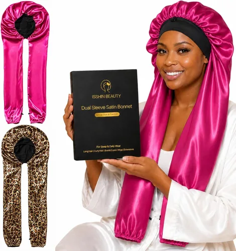 Vista 10 de Isshin Beauty Gorro de satén para mujeres durmientes: doble manga 2 en 1, protector de pelo largo antiencrespamiento Negro y café
