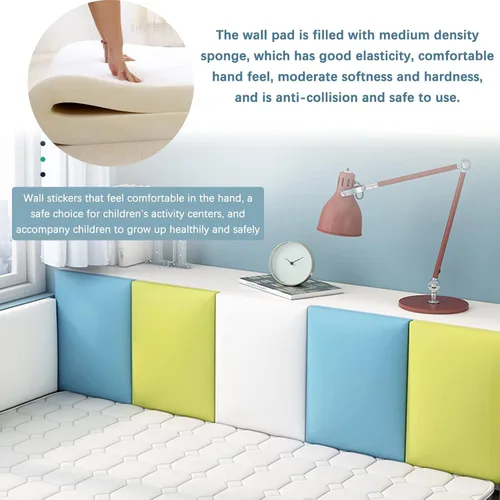 Vista 5 de Calcomanías de pared anticolisión para niños, paneles de pared 3D de color sólido, cabecero de cama, cojín de pared suave, autoadhesivo para Azul