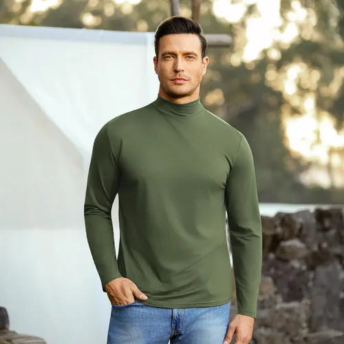 Vista 3 de Mens T Shirt Long Sleeve Basic Mock Turtleneck Pullover Thermal Solid Tops Verde militar
