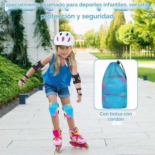 Vista 7 de Rodilleras para niños, juego de equipo de protección ajustable con bolsa de malla, rodilleras y coderas, protector de muñeca para niñas, patines