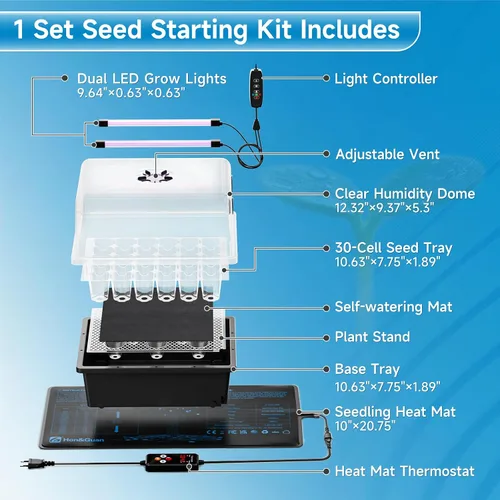 Vista 2 de Hon&Guan - Kit de inicio de semillas de 30 celdas con alfombrilla térmica y luces LED de cultivo 30-cell PP seedling tray, 5.3" dome with vents