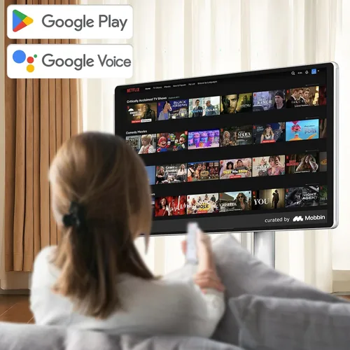 Vista 7 de TV portátil inteligente FHD de 21.5 pulgadas, TV rodante sobre ruedas, sistema operativo Android 15, almacenamiento 6G + 128GB, monitor de pantalla
