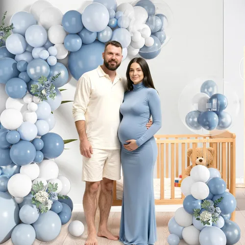 Vista 5 de Ouddy Life - Kit de guirnalda de arco de globos azul polvoriento, 152 piezas, diferentes tamaños Azul y blanco