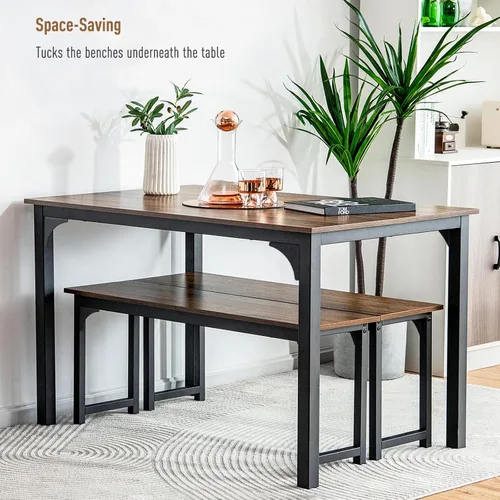 Vista 2 de NAFORT Juego de mesa de comedor para 4, mesa de cocina de 3 piezas con 2 bancos, mesa de comedor de 43.5 pulgadas que ahorra espacio con marco